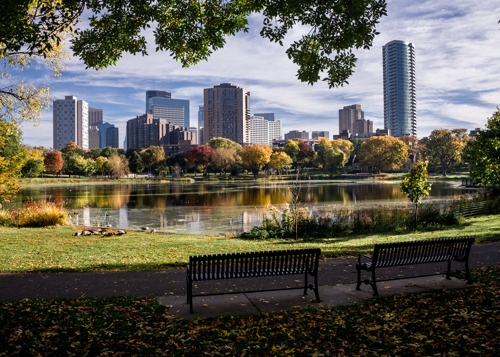 Two empty benches face a city skyline across a lake in a park, with autumn trees and scattered fallen leaves.