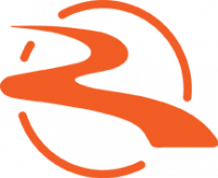 Abstract orange logo resembling a swooping bird and a stylized letter "R" inside a partial circle.
